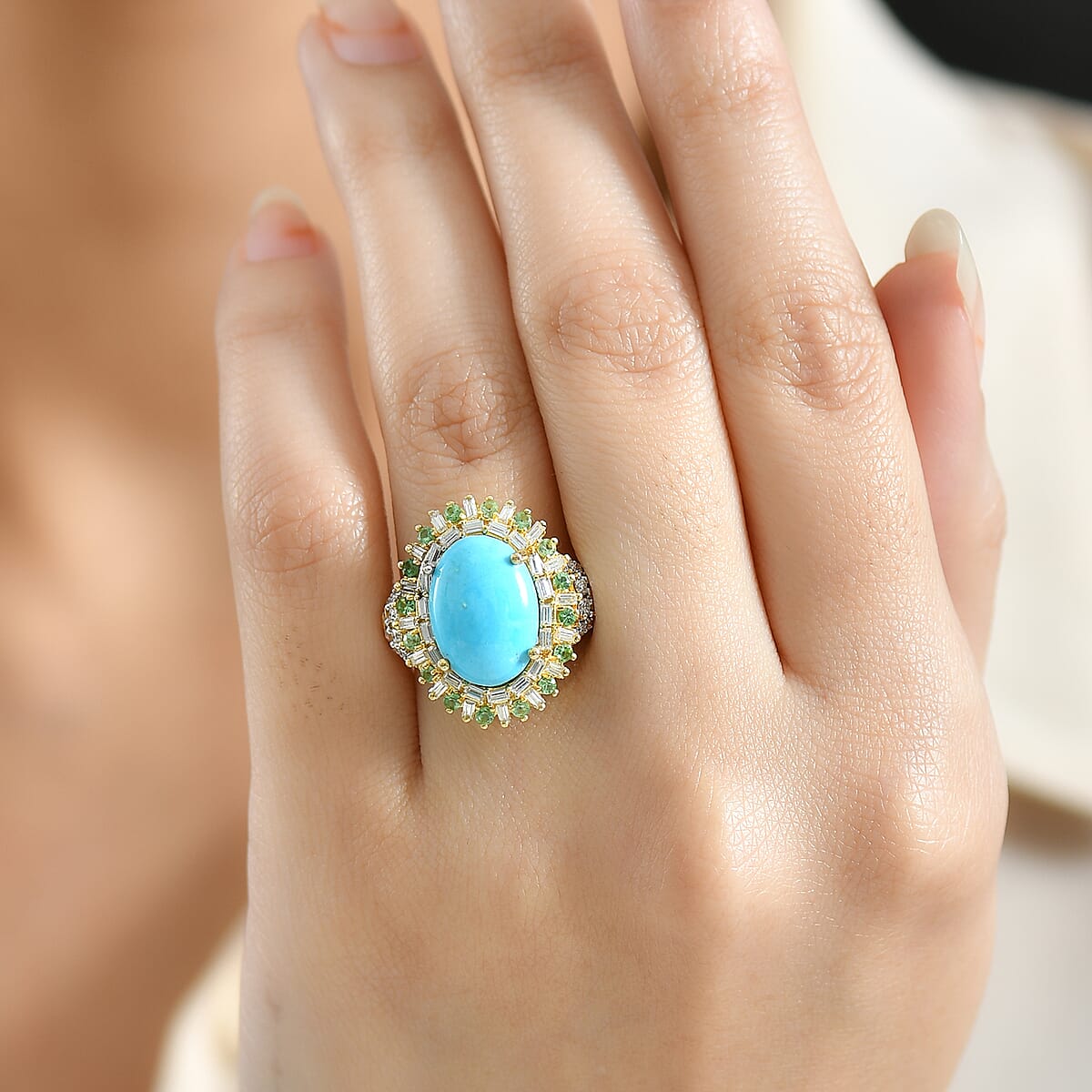 D'Joy Sleeping Beauty Turquoise and Multi Gemstone 6.85 ctw Ring in 18K Vermeil Yellow Gold Over Sterling Silver (Size 7.0) image number 2