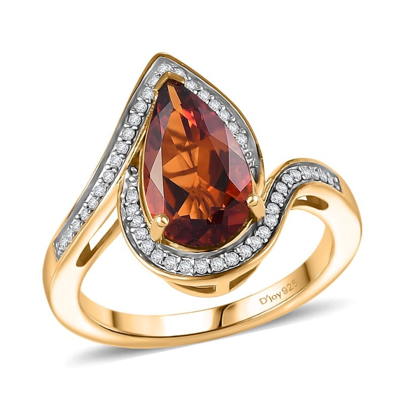 D'Joy Premium Red Citrine and Moissanite 3.10 ctw Tear of Fire Ring in 18K Vermeil Yellow Gold Over Sterling Silver (Size 10.0)