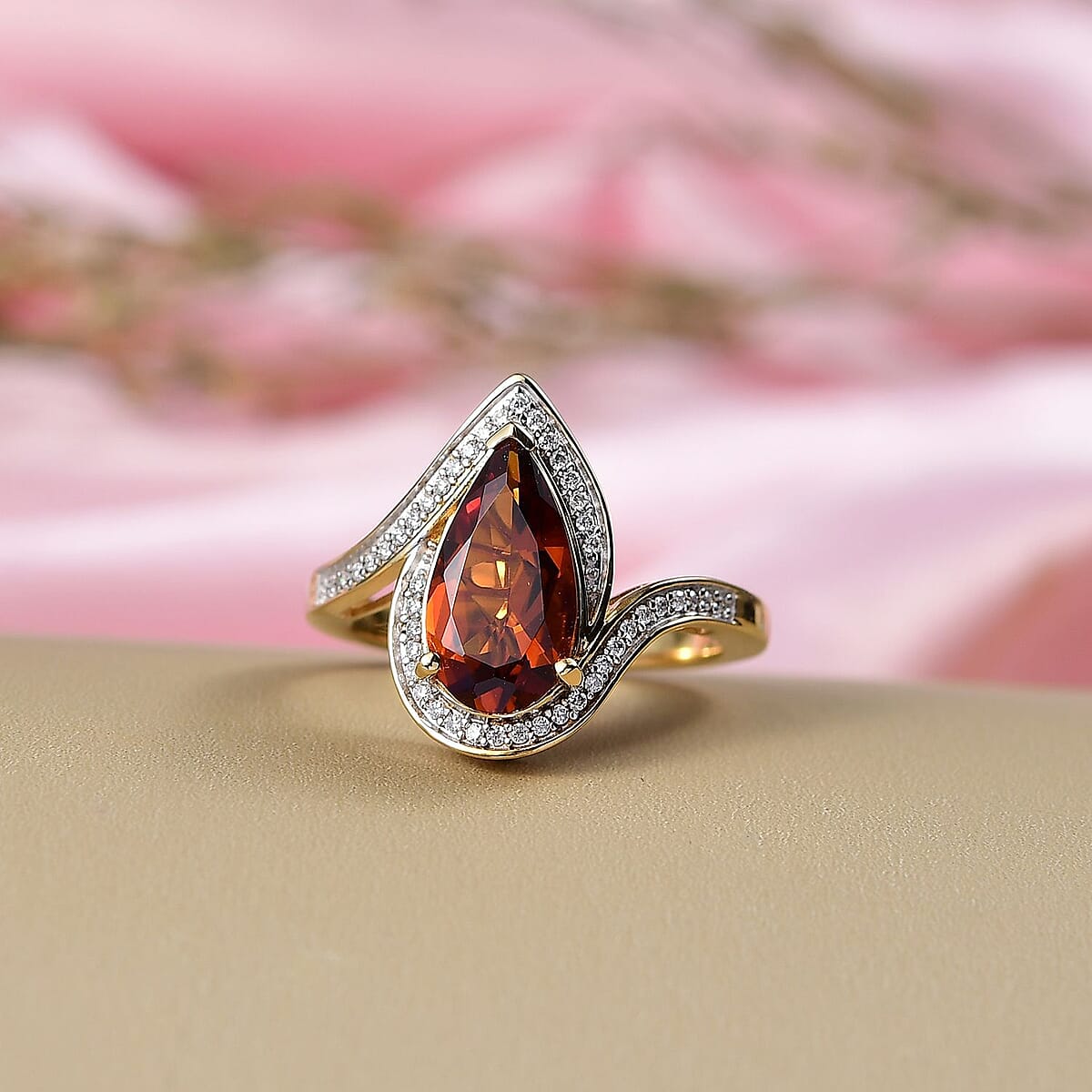 D'Joy Premium Red Citrine and Moissanite 3.10 ctw Tear of Fire Ring in 18K Vermeil Yellow Gold Over Sterling Silver (Size 7.0) image number 1