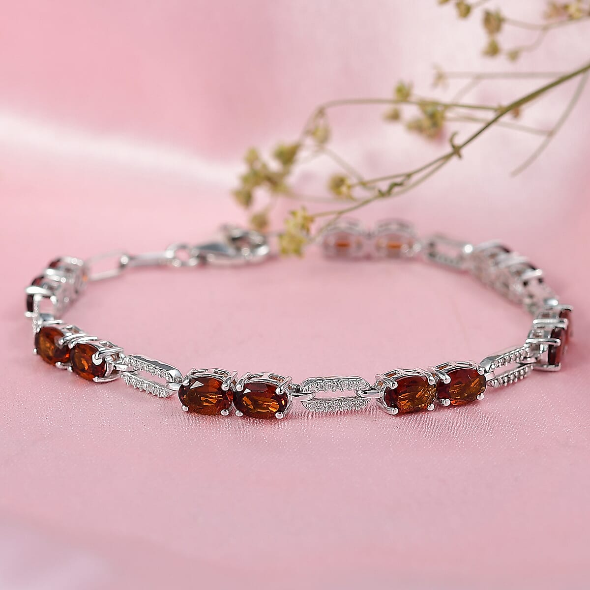 D'Joy Premium Red Citrine and Moissanite 6.10 ctw Chain of Flames Bracelet in Rhodium Over Sterling Silver (7.25 In) image number 1