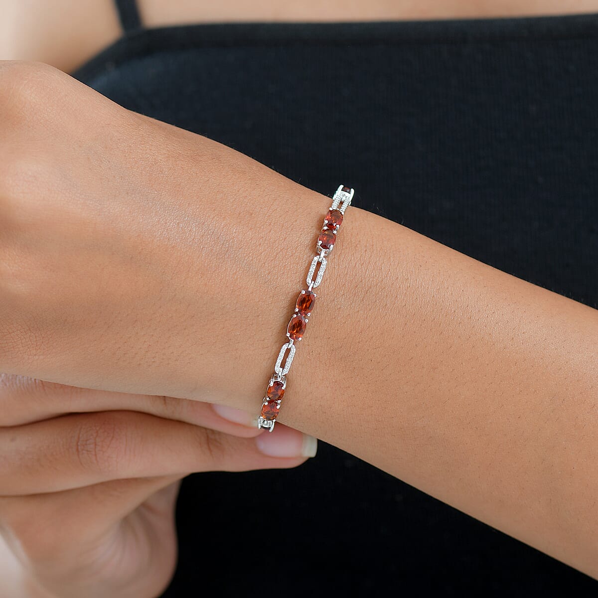 D'Joy Premium Red Citrine and Moissanite 6.10 ctw Chain of Flames Bracelet in Rhodium Over Sterling Silver (7.25 In) image number 2