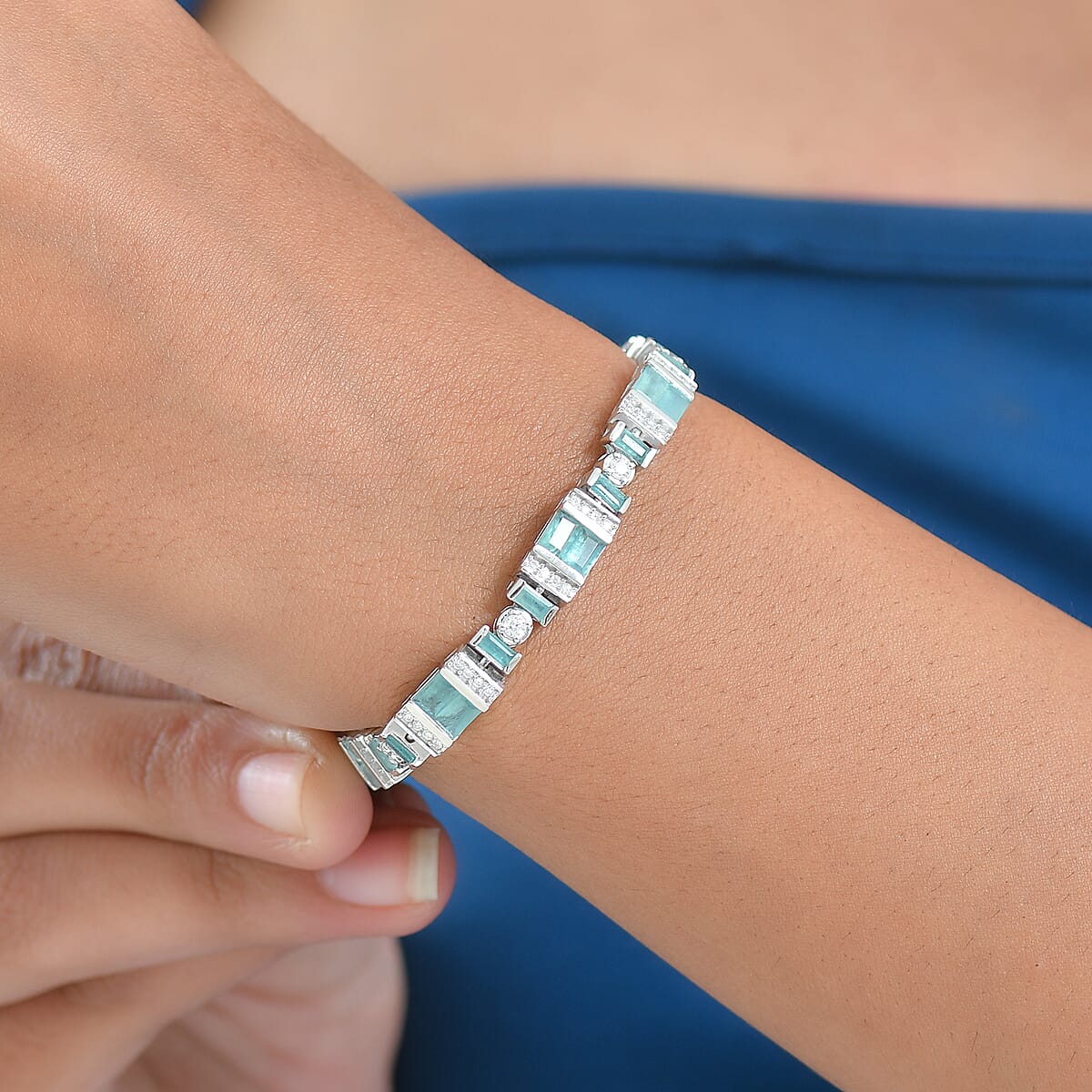 D'Joy Premium Grandidierite and Moissanite 8.40 ctw Celestial Stream Bracelet in Rhodium Over Sterling Silver (7.25 In) image number 2