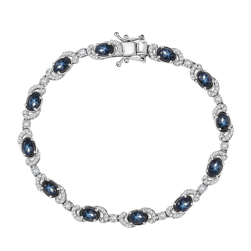 D'Joy Premium Blue Star Sapphire (DF) and Moissanite 11.00 ctw Starlit Harmony Bracelet in Rhodium Over Sterling Silver (7.25 In)