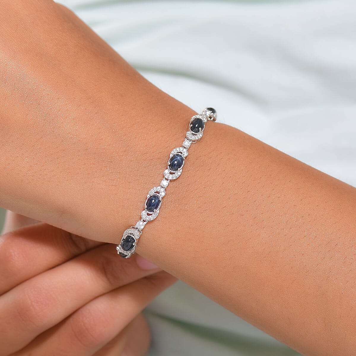 Doorbuster D'Joy Premium Blue Star Sapphire (DF) and Moissanite 11.00 ctw Starlit Harmony Bracelet in Rhodium Over Sterling Silver (7.25 In) image number 2