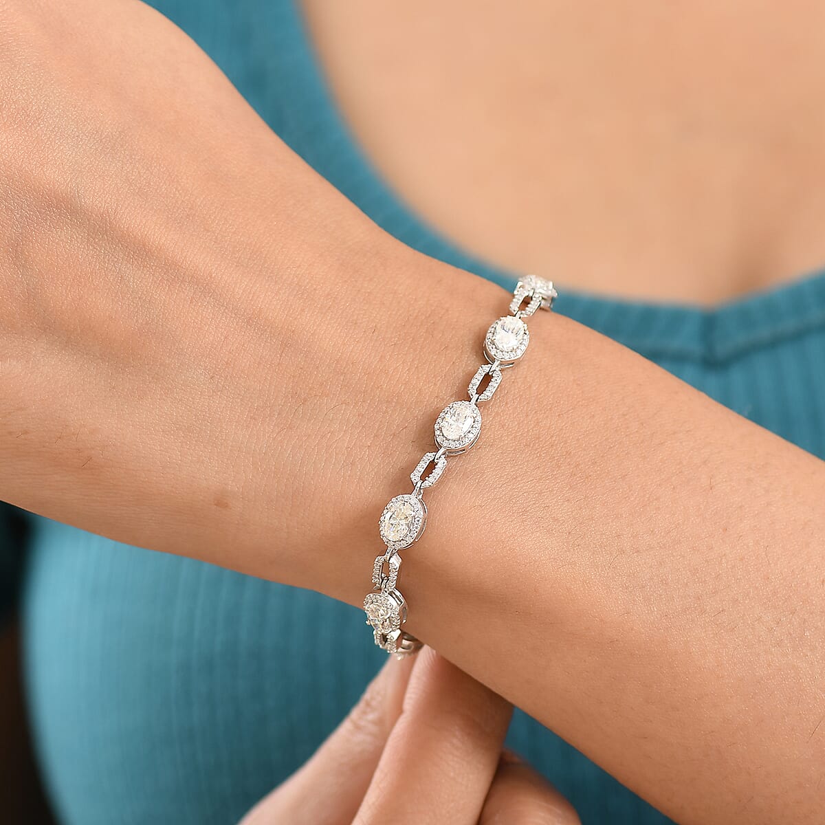 D'Joy Strontium Titanate and Moissanite 8.35 ctw Oval Symphony Bracelet in Rhodium Over Sterling Silver (7.25 In) image number 2
