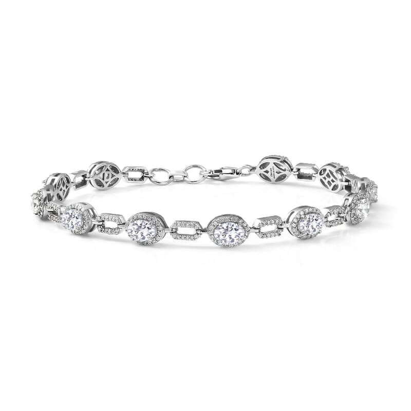 D'Joy Strontium Titanate and Moissanite 7.15 ctw Oval Symphony Bracelet in Rhodium Over Sterling Silver (6.50 In)