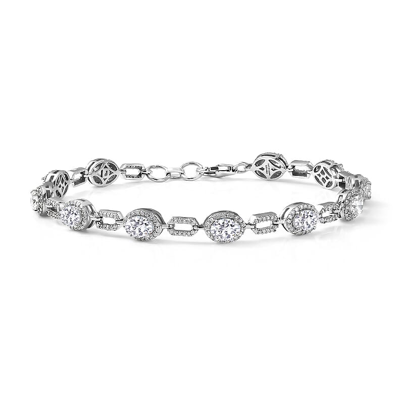 D'Joy Strontium Titanate and Moissanite 9.90 ctw Oval Symphony Bracelet in Rhodium Over Sterling Silver (8.00 In)