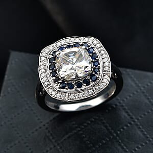 D'Joy Strontium Titanate and Multi Gemstone 4.30 ctw Art Deco Ring in Rhodium Over Sterling Silver (Size 10.0)