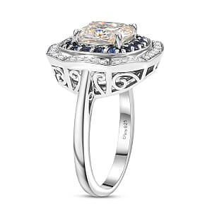 D'Joy Strontium Titanate and Multi Gemstone 4.30 ctw Art Deco Ring in Rhodium Over Sterling Silver (Size 10.0)