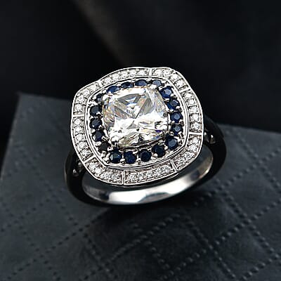 D'Joy Strontium Titanate and Multi Gemstone 4.30 ctw Art Deco Ring in Rhodium Over Sterling Silver (Size 9.0)
