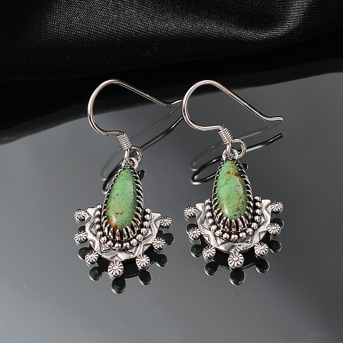 D'Joy Artisan Crafted Premium Royston Turquoise 5.00 ctw Earrings in Black Oxidised Sterling Silver image number 1