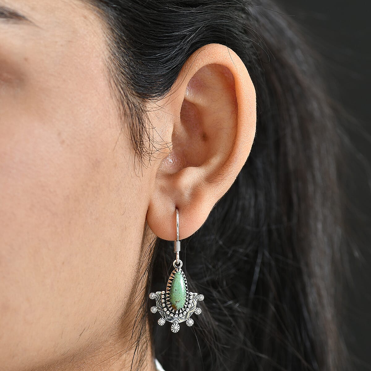 D'Joy Artisan Crafted Premium Royston Turquoise 5.00 ctw Earrings in Black Oxidised Sterling Silver image number 2