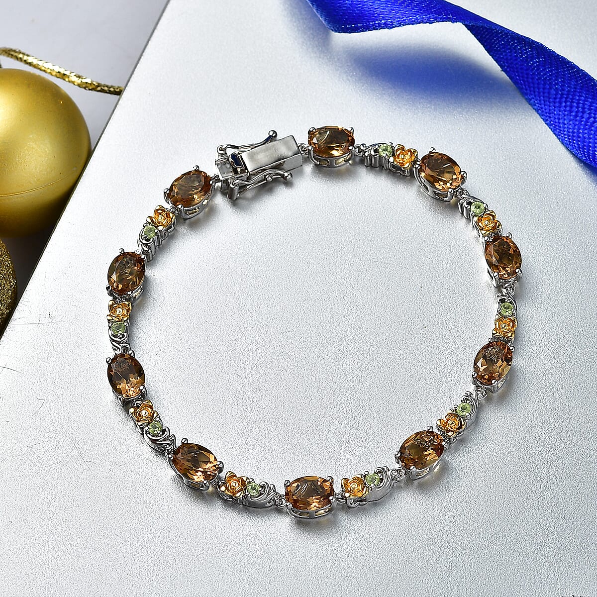 EverTrue Autumn Alexite and Hebei Peridot 12.50 ctw Rose Flower Bracelet in 18K YG Plated and Platinum Bond (8.00 In) image number 1