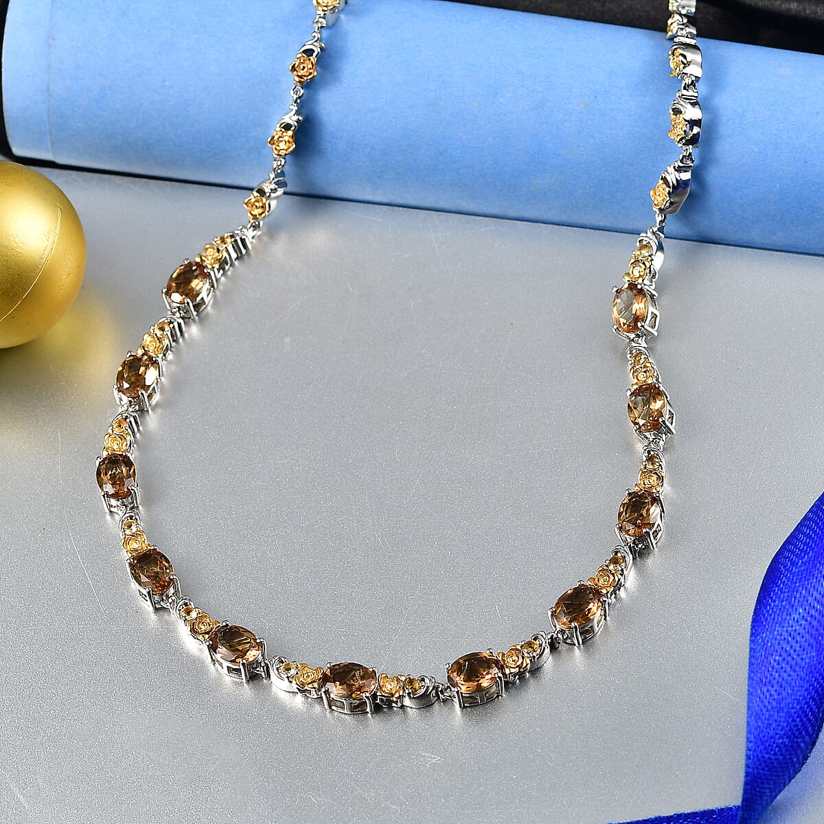 EverTrue Autumn Alexite and Brazilian Citrine 13.00 ctw Rose Flower Necklace in 18K YG Plated and Platinum Bond 18-20 Inches  image number 1