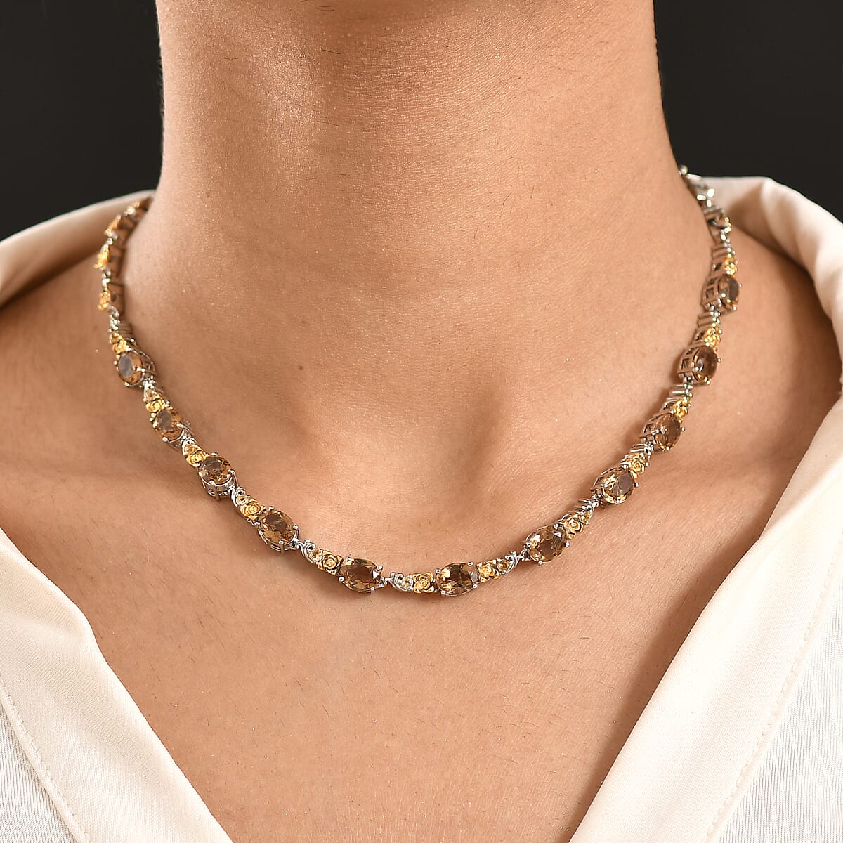 EverTrue Autumn Alexite and Brazilian Citrine 13.00 ctw Rose Flower Necklace in 18K YG Plated and Platinum Bond 18-20 Inches  image number 2