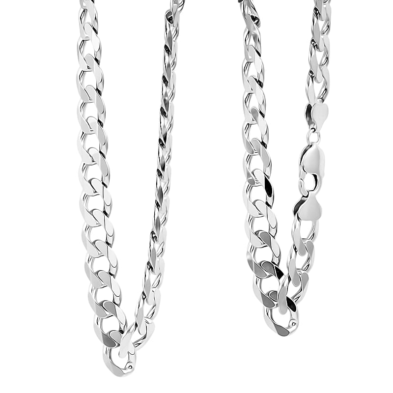 Italian 11.6mm Curb Chain Necklace in Rhodium Over Sterling Silver 92.1 Grams 24 Inches