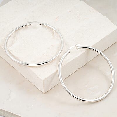 Round Tube Hoop Earrings in Rhodium Over Sterling Silver 8.8 Grams
