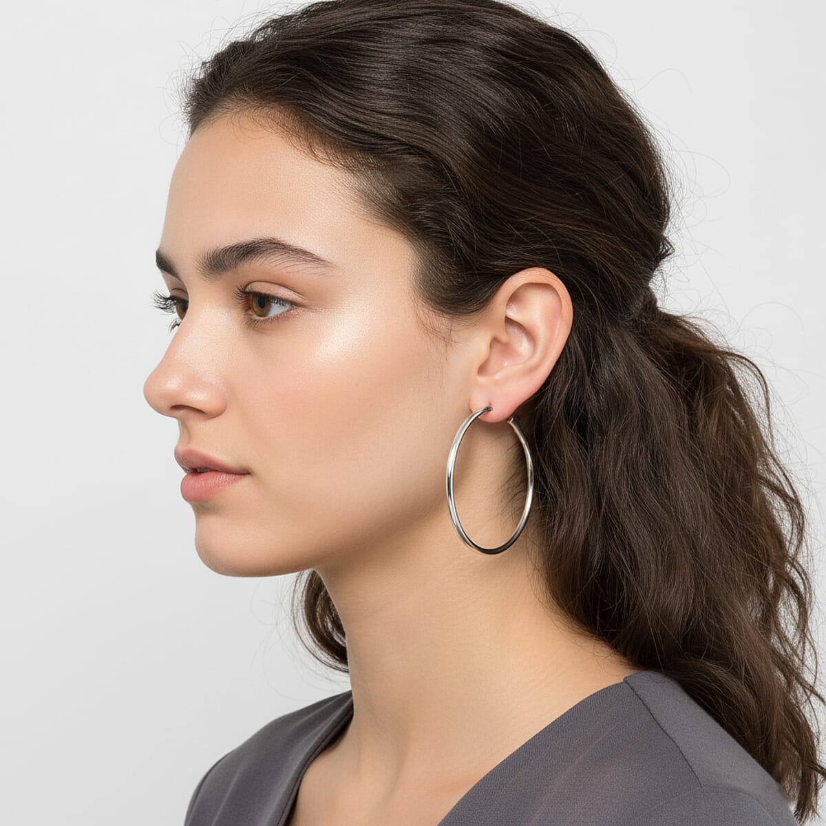 Round Tube Hoop Earrings in Rhodium Over Sterling Silver 8.8 Grams image number 2