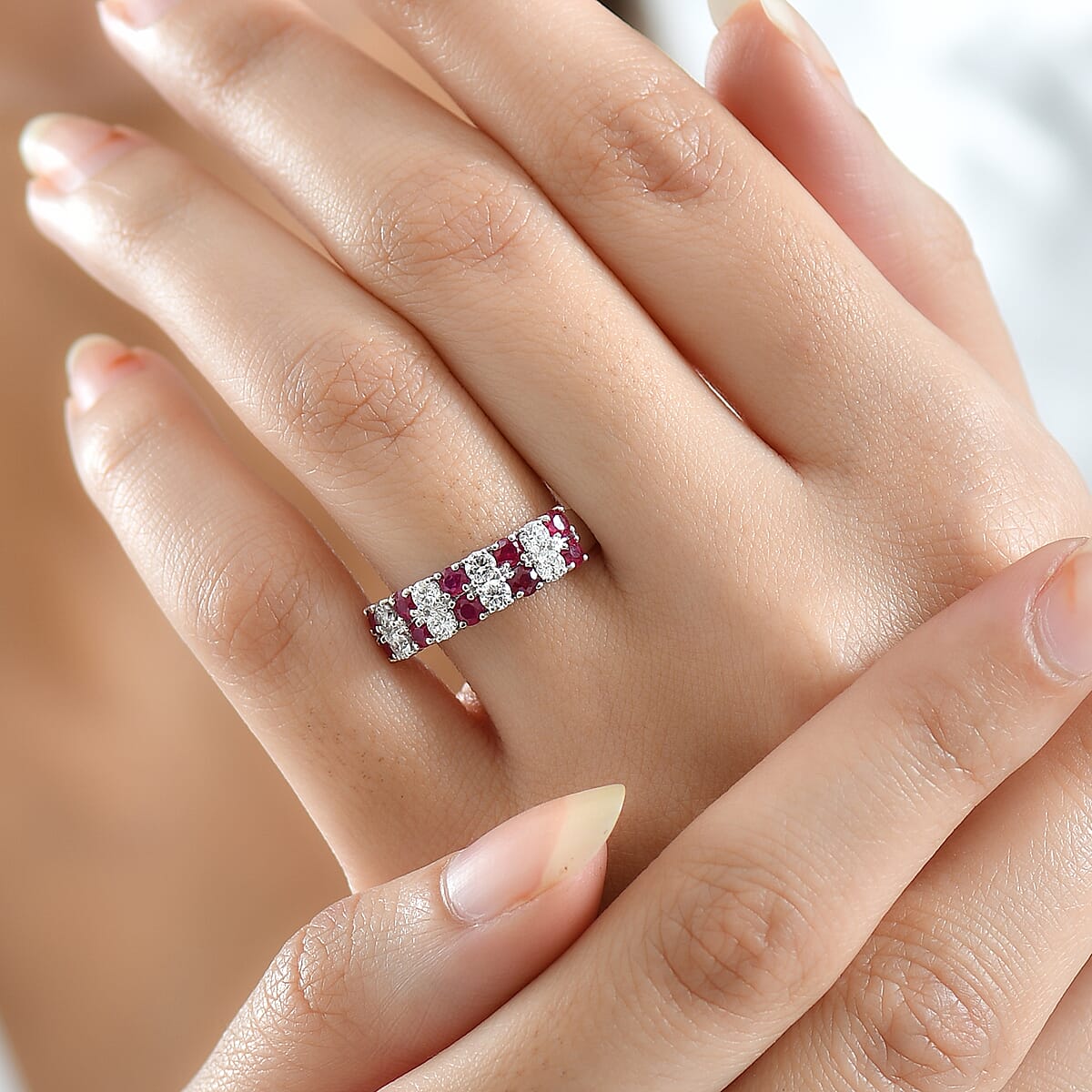  Certified & Appraised 10K White Gold AAA Montepuez Ruby, Luxuriant Lab Grown Diamond (G-H, SI) Band Ring (Size 10.0) 1.45 ctw image number 2