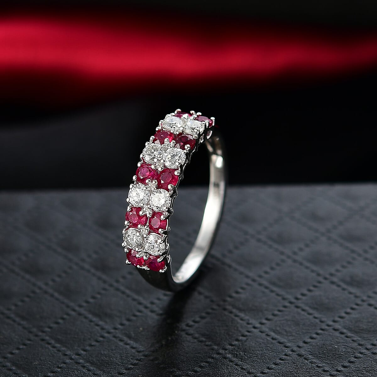 Certified & Appraised AAA Montepuez Ruby and Luxuriant Diamond G-H SI 1.45 ctw Band Ring in 10K White Gold (Size 9.0) image number 1