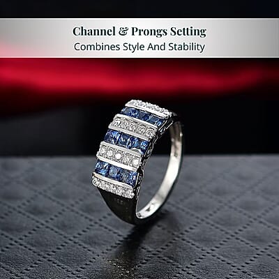 Certified & Appraised  10K White Gold AAA Ceylon Sapphire, Luxuriant Lab Grown Diamond (G-H, SI) (0.32 cts) Band Ring (Size 11.0) 1.40 ctw