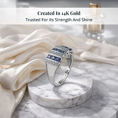 Certified & Appraised  10K White Gold AAA Ceylon Sapphire, Luxuriant Lab Grown Diamond (G-H, SI) (0.32 cts) Band Ring (Size 12.0) 1.40 ctw