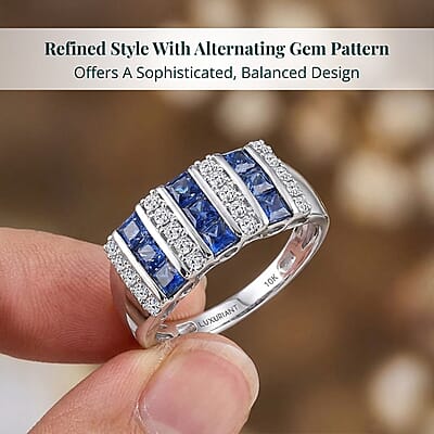 Certified & Appraised  10K White Gold AAA Ceylon Sapphire, Luxuriant Lab Grown Diamond (G-H, SI) (0.32 cts) Band Ring (Size 12.0) 1.40 ctw