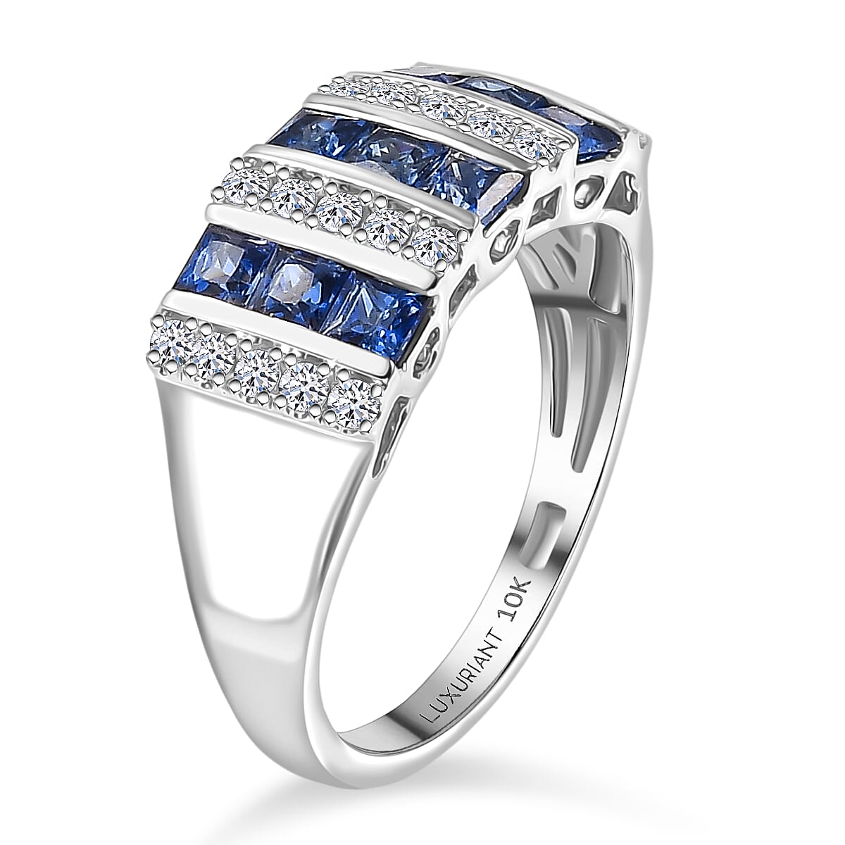 Doorbuster Certified & Appraised 10K White Gold AAA Ceylon Sapphire and Luxuriant Diamond G-H SI 1.36 ctw Band Ring (Size 6.0) image number 3