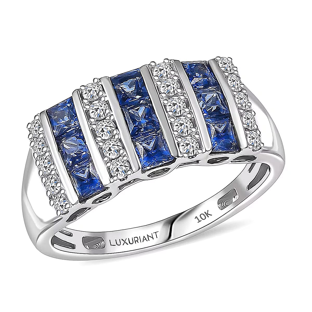  Certified & Appraised 10K White Gold AAA Ceylon Sapphire and Luxuriant Diamond G-H SI 1.36 ctw Band Ring (Size 8.0) image number 0