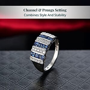  Certified & Appraised 10K White Gold AAA Ceylon Sapphire and Luxuriant Diamond G-H SI 1.36 ctw Band Ring (Size 8.0)