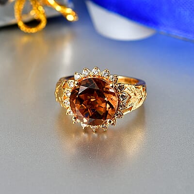 EverTrue Autumn Alexite and White Zircon 5.25 ctw Sunflower Bloom Ring in 18K YG Plated (Size 5.0)