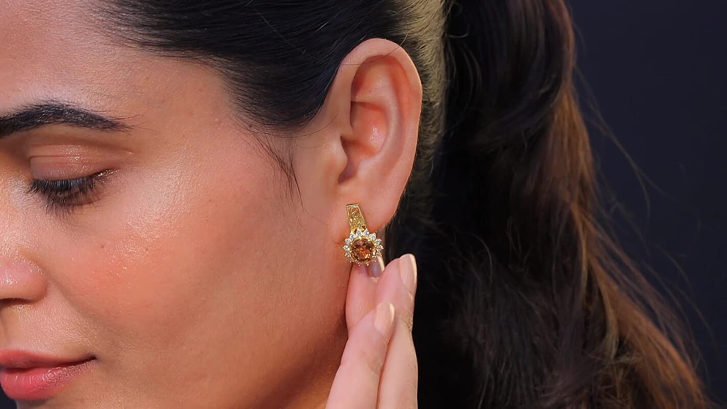 EverTrue Autumn Alexite, White Zircon Sunflower Earrings in 18K YG Plated 4.60 ctw