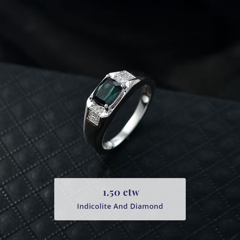 Certified & Appraised Luxoro AAA Monte Belo Indicolite and I2 Diamond 1.50 ctw Men's Ring in 10K White Gold (Size 10.0) 4.68 Grams