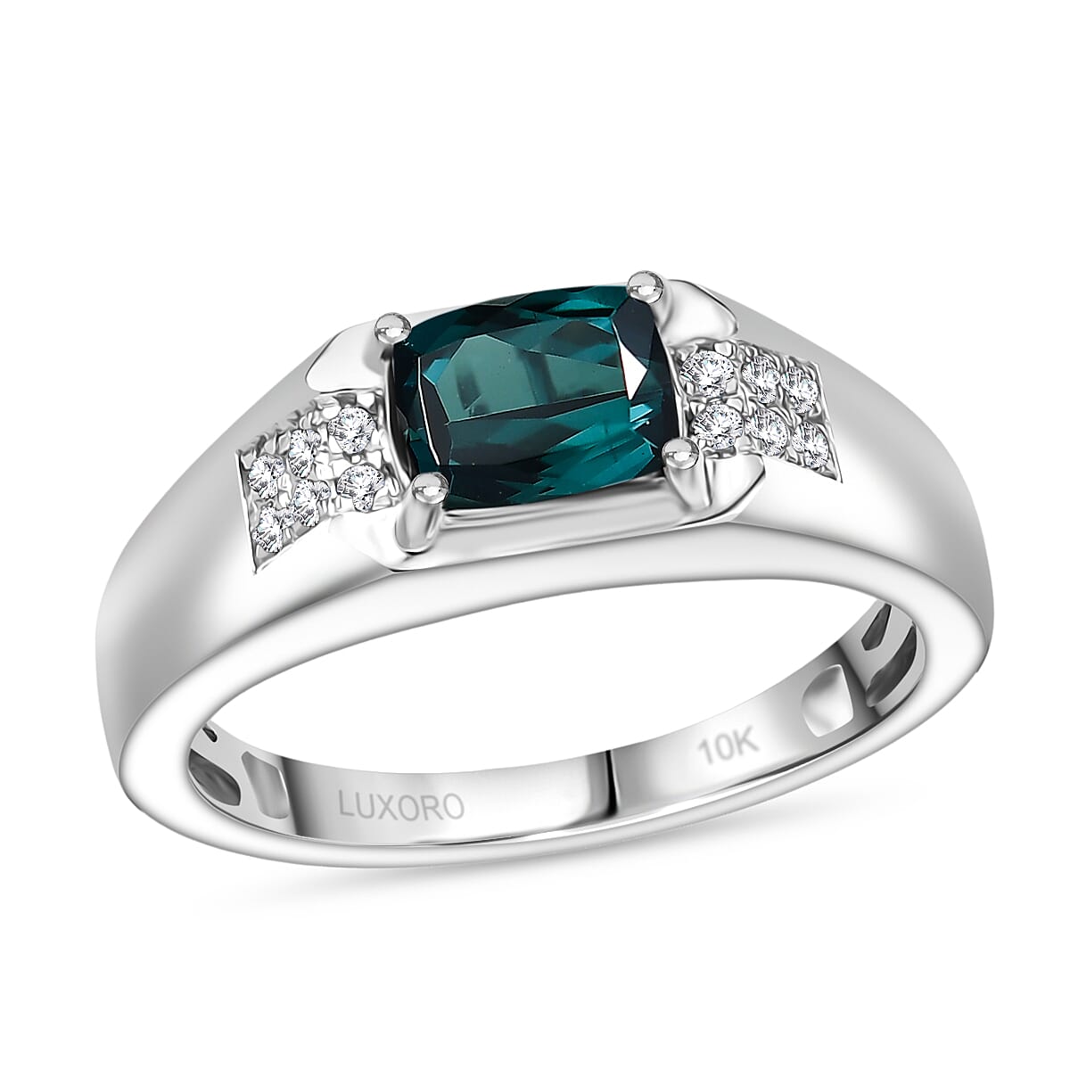 Doorbuster Certified & Appraised Luxoro 10K White Gold AAA Monte Belo Indicolite, Diamond (I2) Men's Ring (Size 10.0) (4.68 g) 1.50 ctw