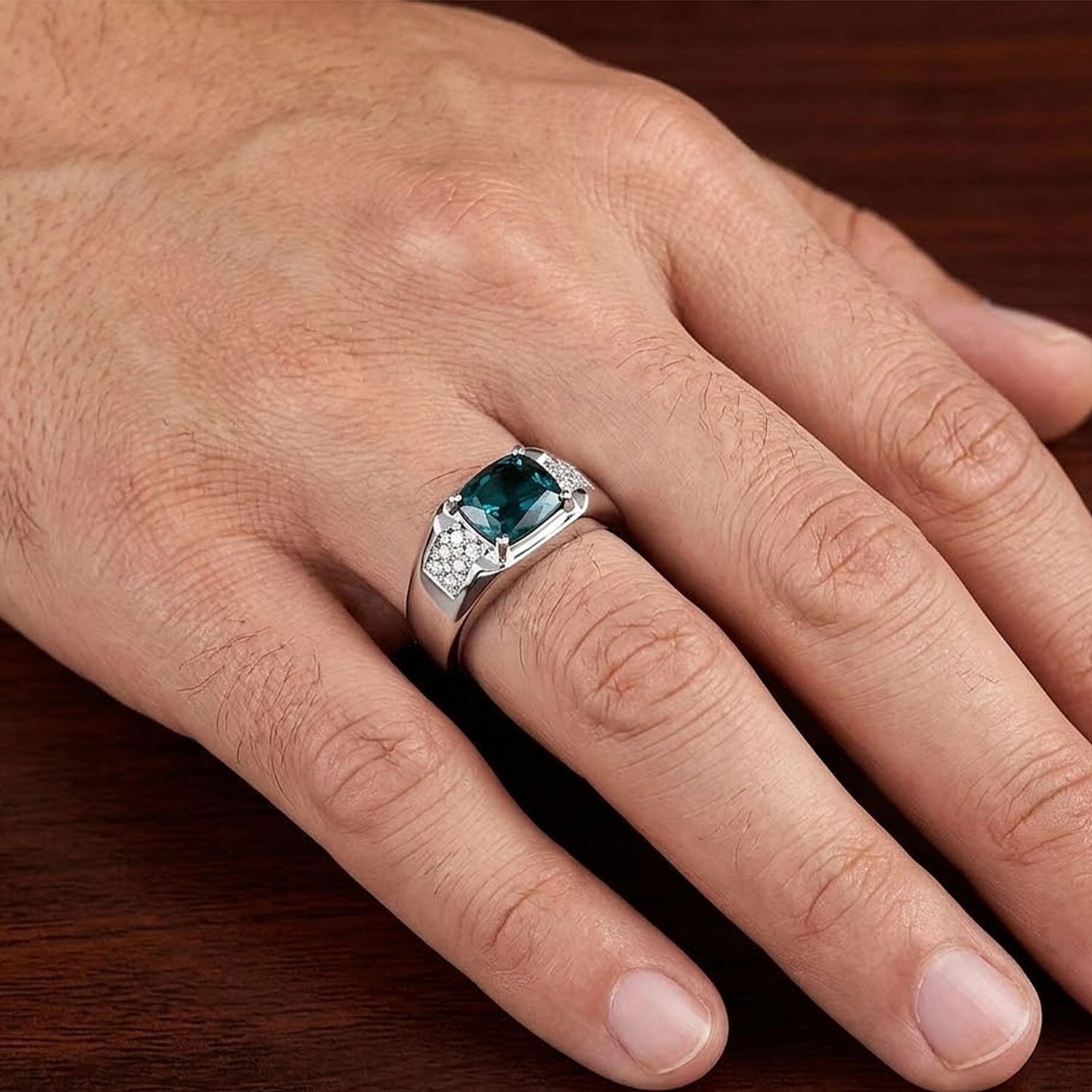 Certified & Appraised Luxoro AAA Monte Belo Indicolite and I2 Diamond 1.50 ctw Men's Ring in 10K White Gold (Size 11.0) 4.68 Grams