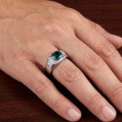 Certified & Appraised Luxoro AAA Monte Belo Indicolite and I2 Diamond 1.50 ctw Men's Ring in 10K White Gold (Size 11.0) 4.68 Grams