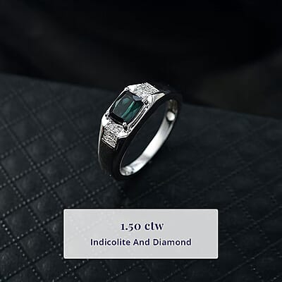 Certified & Appraised Luxoro AAA Monte Belo Indicolite and I2 Diamond 1.50 ctw Men's Ring in 10K White Gold (Size 11.0) 4.68 Grams