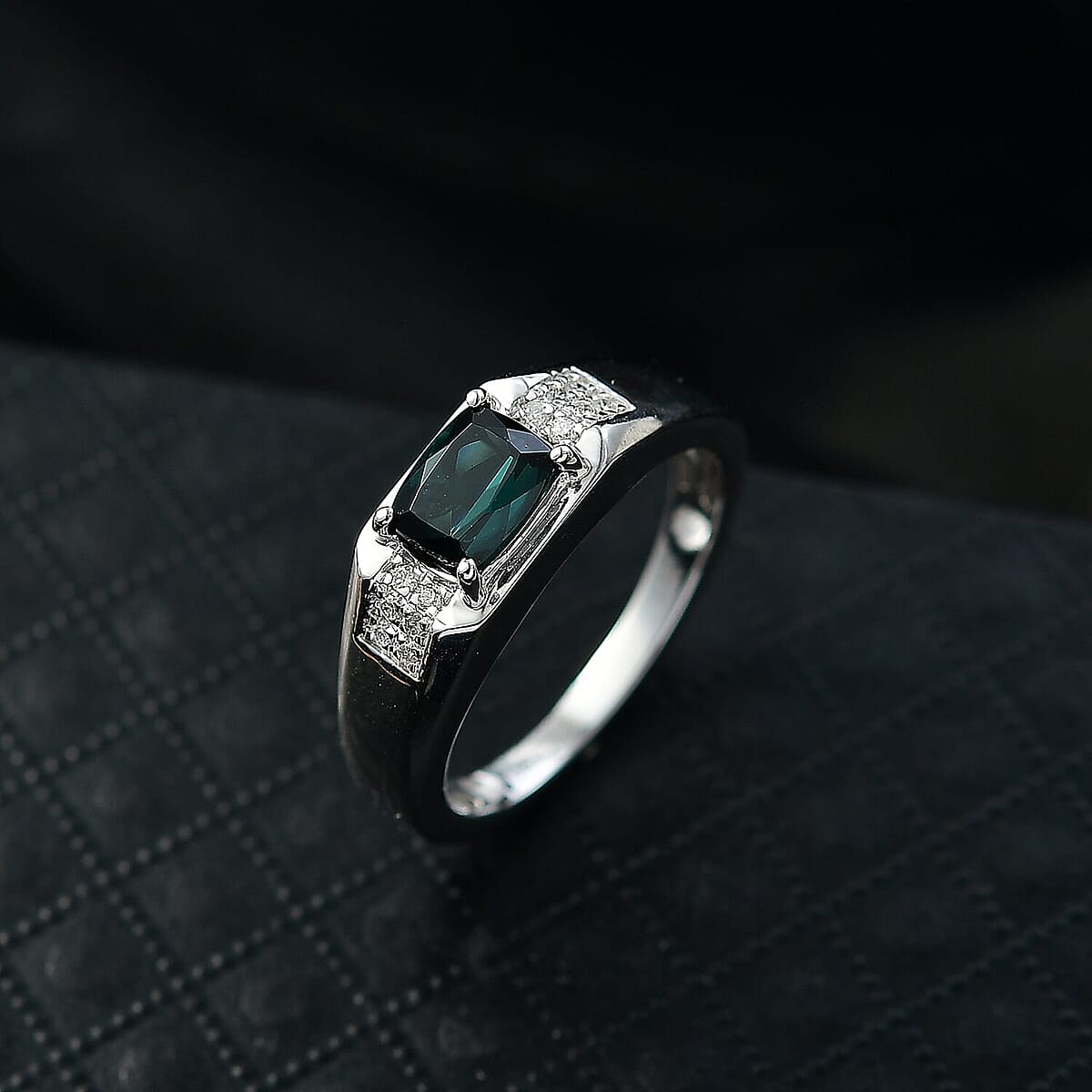 Doorbuster Certified & Appraised Luxoro 10K White Gold AAA Monte Belo Indicolite, Diamond (I2) Men's Ring (Size 10.0) (4.68 g) 1.50 ctw image number 1