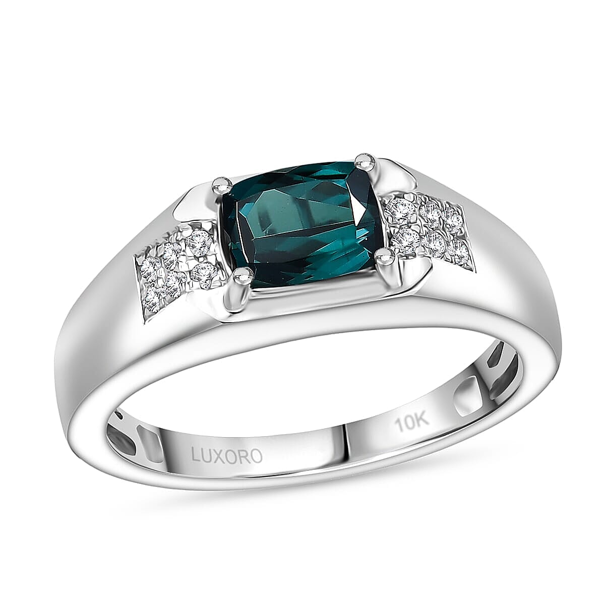 Certified & Appraised Luxoro 10K White Gold AAA Monte Belo Indicolite, Diamond (I2) Men's Ring (Size 13.0) (4.68 g) 1.50 ctw