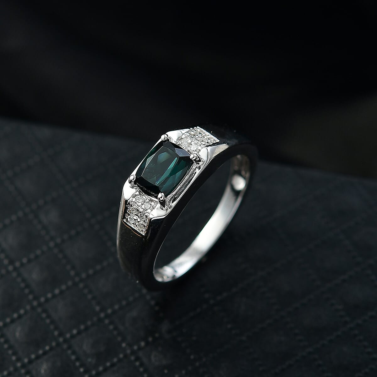  Certified & Appraised Luxoro AAA Monte Belo Indicolite and I2 Diamond 1.50 ctw Men's Ring in 10K White Gold (Size 9.0) 4.68 Grams image number 1