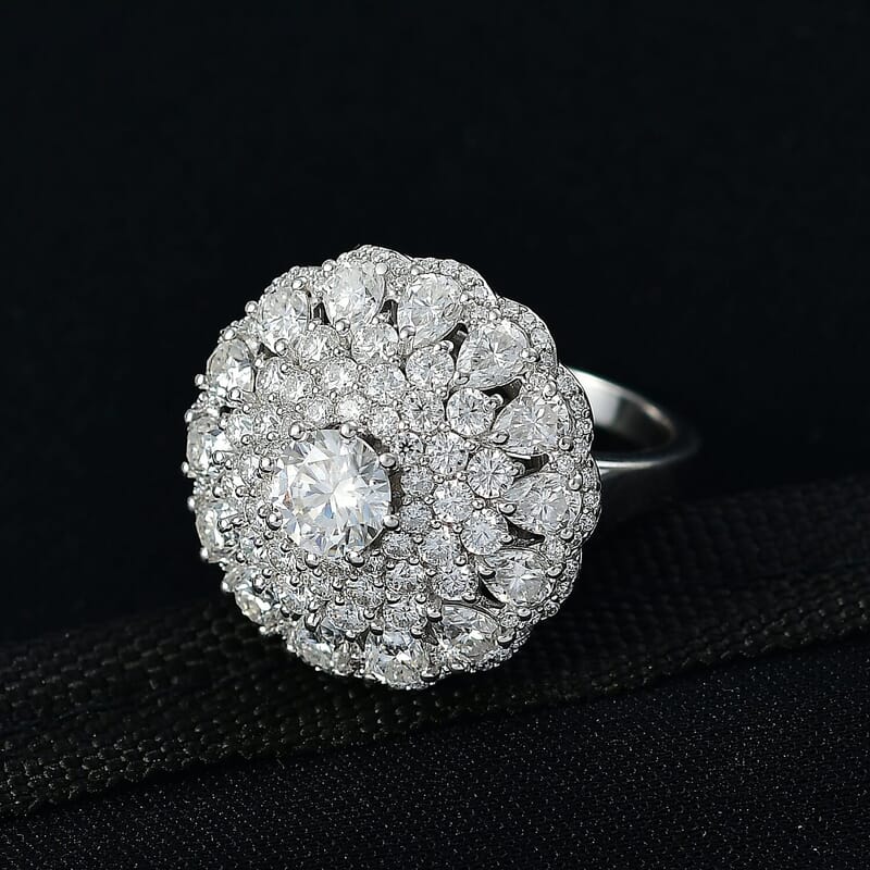 D'Joy Moissanite 4.40 ctw Ballerina Ring in Rhodium Over Sterling Silver (Size 10.0)