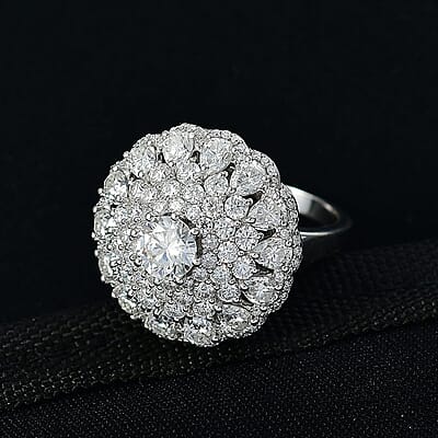 D'Joy Moissanite (Rnd 6mm) Celestial Mandala Ring in Rhodium Over Sterling Silver (Size 11.0) 4.40 ctw
