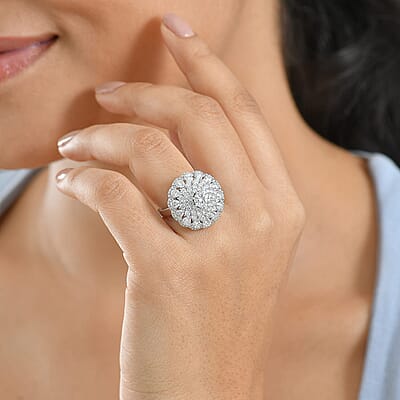D'Joy Moissanite (Rnd 6mm) Celestial Mandala Ring in Rhodium Over Sterling Silver (Size 11.0) 4.40 ctw