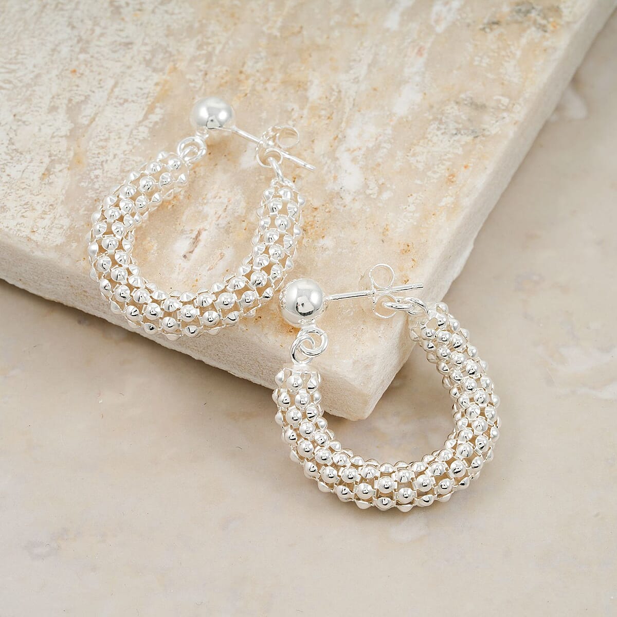 La Bella Italian Sterling Silver Pop Corn Chain Hoop Earrings 6.35 Grams image number 1