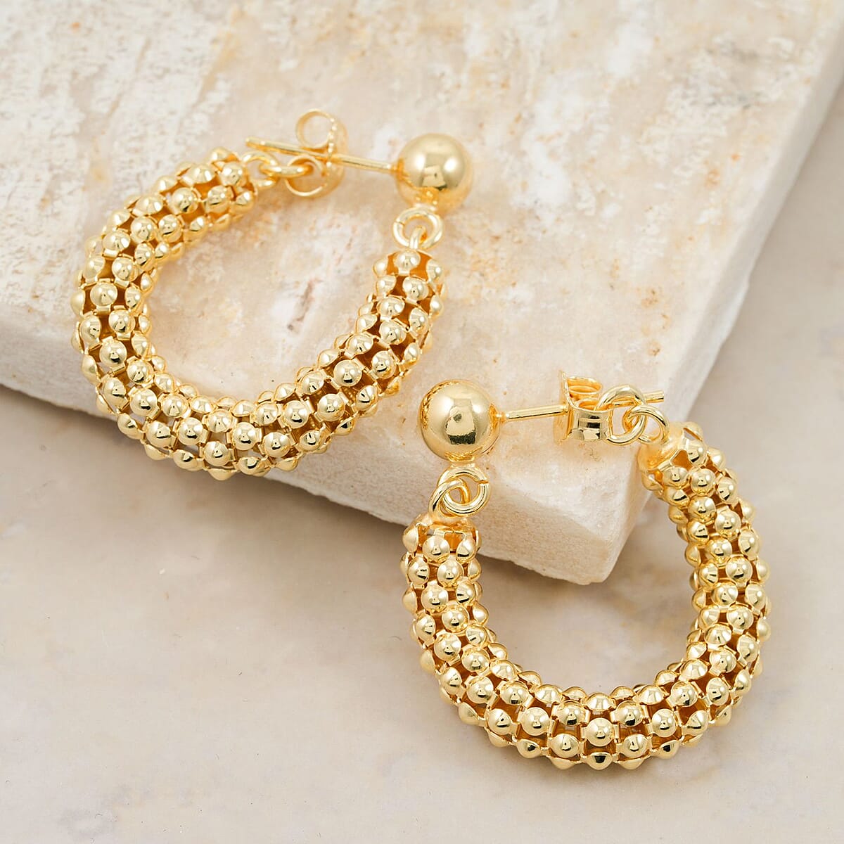 La Bella Italian 14K Yellow Gold Over Sterling Silver Pop Corn Chain Hoop Earrings 6.35 Grams image number 1