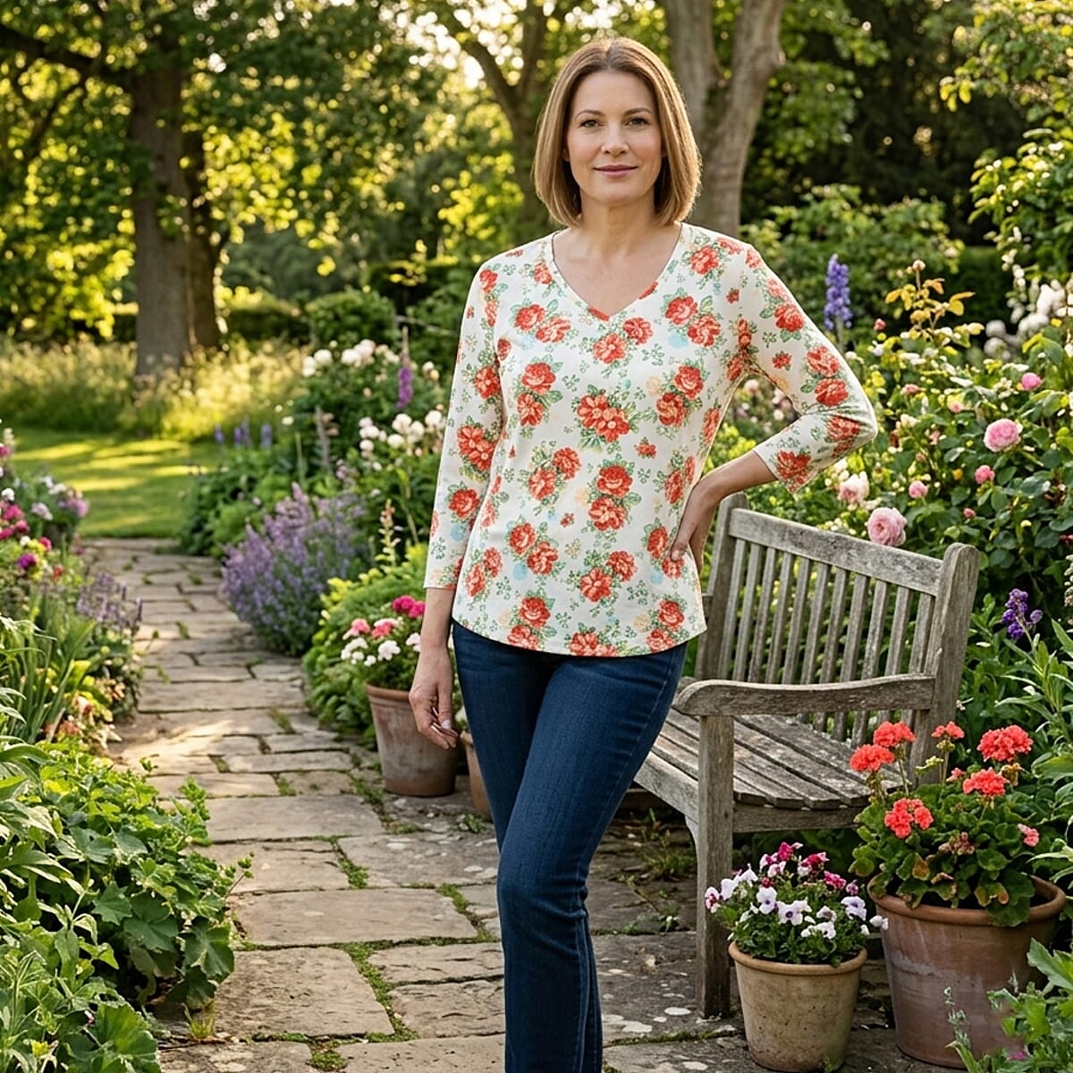 Pioneer Woman Multi Vintage Floral Knit Three-quarter Sleeve Blouse S image number 1