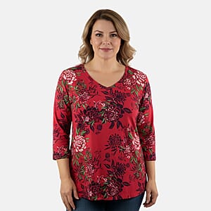 Pioneer Woman Burgundy Floral Knit Three-quarter Sleeve Blouse S