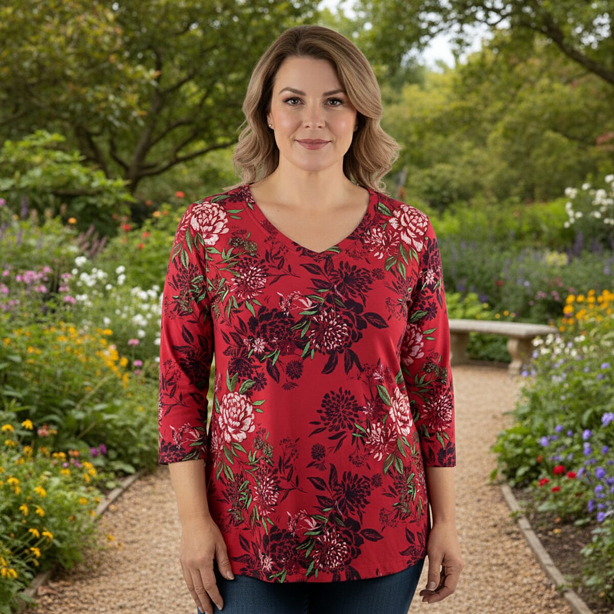 Pioneer Woman Burgundy Floral Knit Three-quarter Sleeve Blouse S image number 1