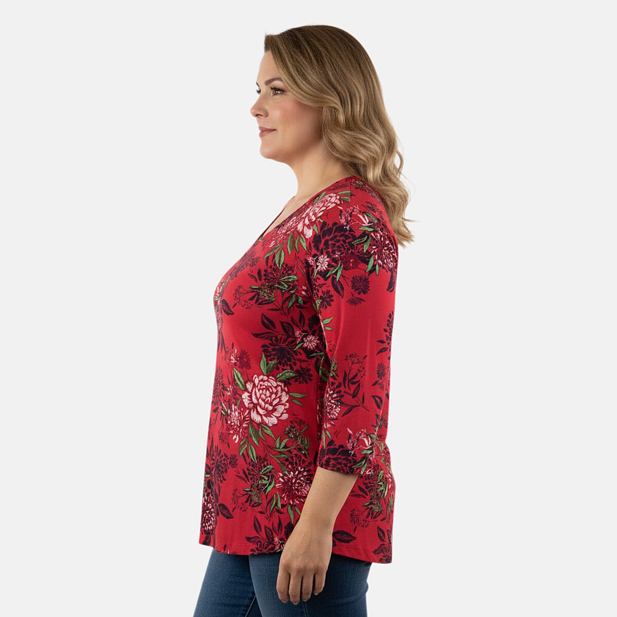 Pioneer Woman Burgundy Floral Knit Three-quarter Sleeve Blouse S image number 3