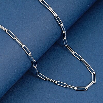 Italian 3mm Paper Clip Chain Necklace in Rhodium Over Sterling Silver 6.2 Grams 16 Inches